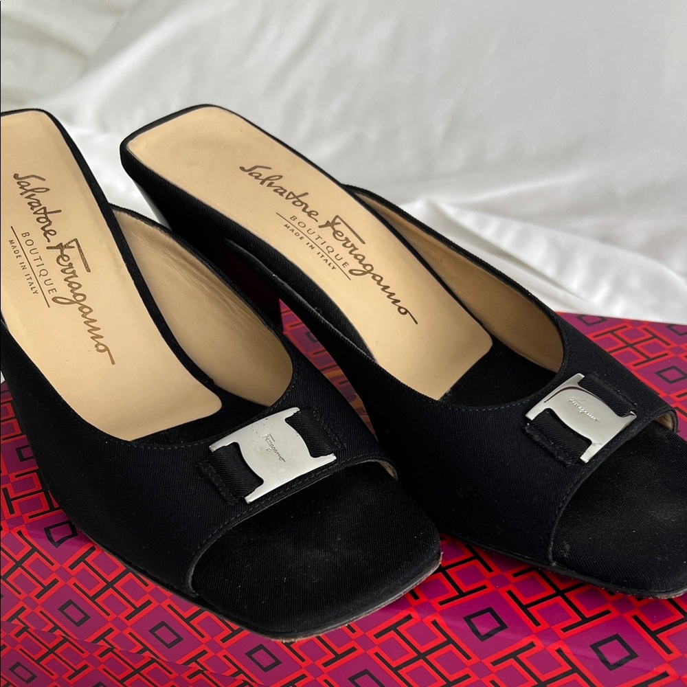 Salvatore Ferragamo Black Mules with Silver Buckle, worn only twice.